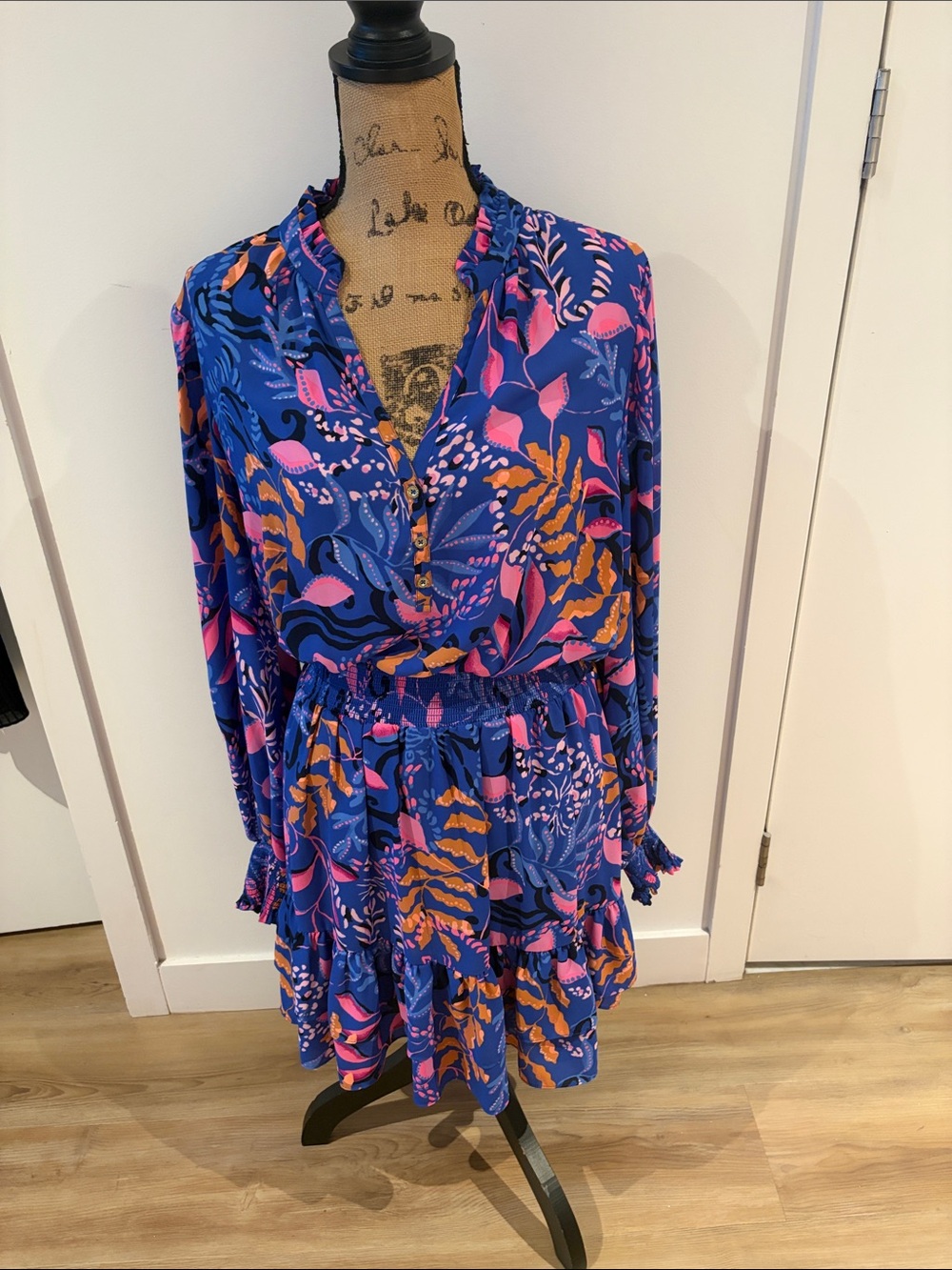 Lilly Pulitzer Blue Floral Long-Sleeve Tiered Dress